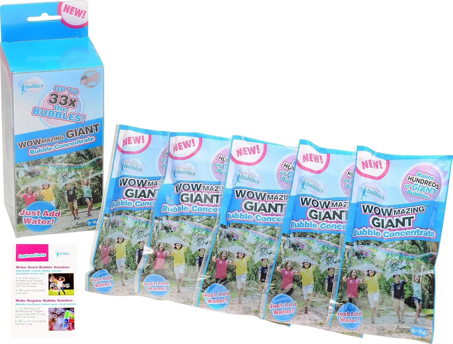WOWMAZING Big Bubbles Refill - Concentrated Giant Bubble Solution Makes 4 Gallons | 5 Pouches for Kids’ Fun | USA Made