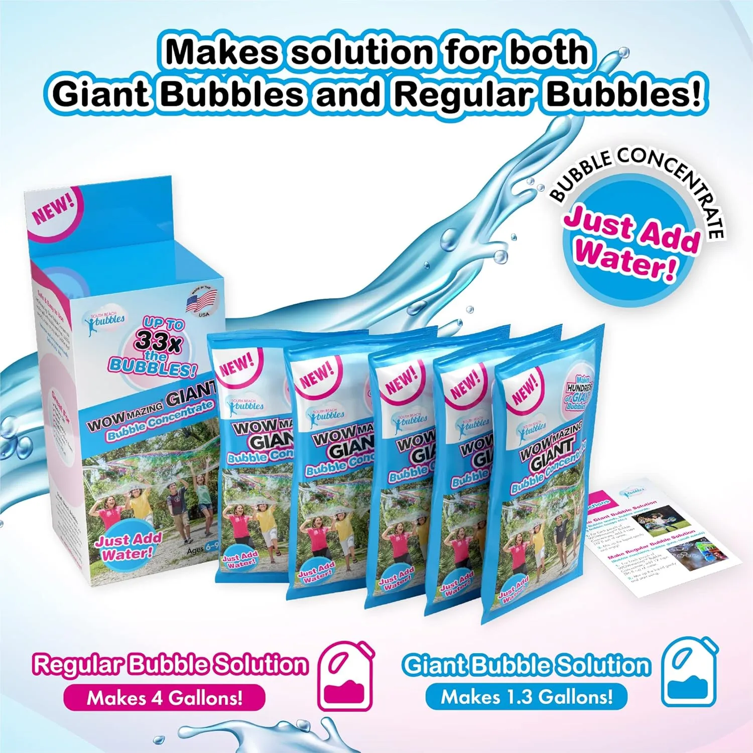 WOWMAZING Big Bubbles Refill - Concentrated Giant Bubble Solution Makes 4 Gallons | 5 Pouches for Kids’ Fun | USA Made