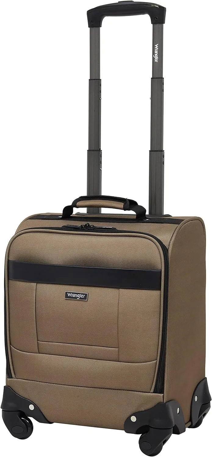 Wrangler 4-Wheel Spinner Luggage with Side USB Port, Mocha, 17-Inch Underseat Carry-On
