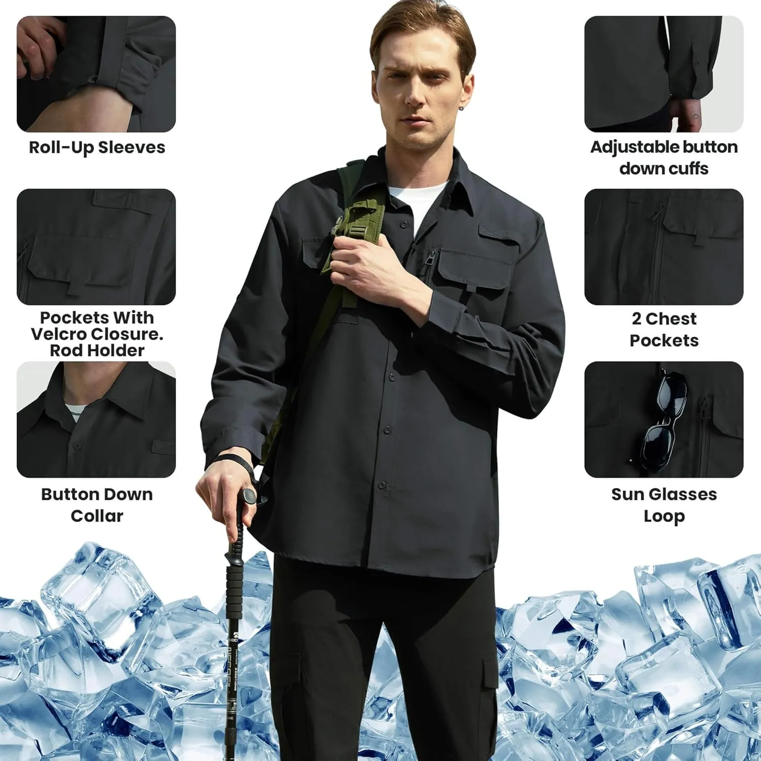 WULFUL Men's Sun Protection Fishing Shirts UPF 50  UV Lightweight Quick Dry Cooling Button Down Shirts for Work Hiking Safari