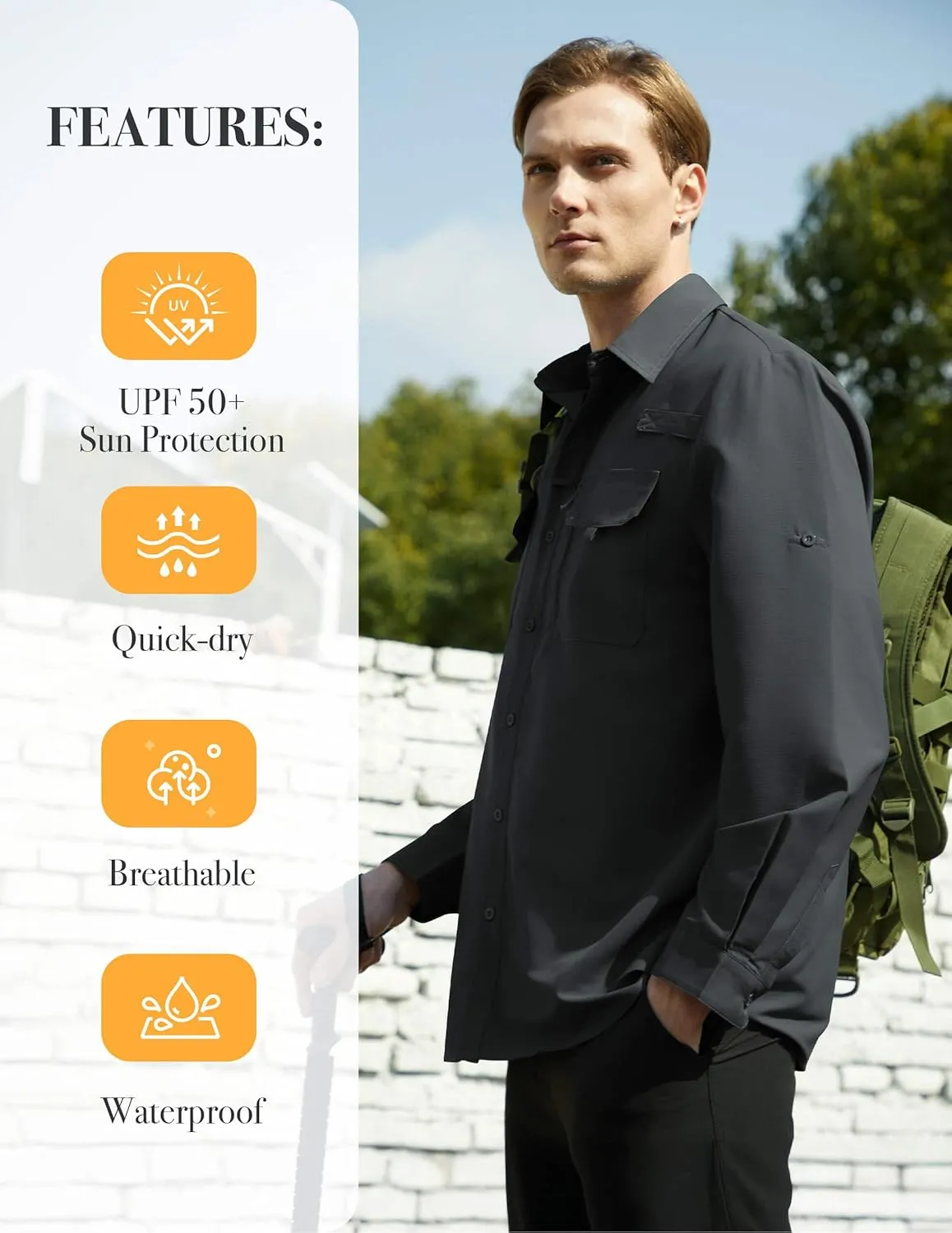 WULFUL Men's Sun Protection Fishing Shirts UPF 50  UV Lightweight Quick Dry Cooling Button Down Shirts for Work Hiking Safari