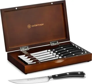 Wusthof Classic Ikon 6 Piece Steak Knife Set with Wood Case (Black Handles)