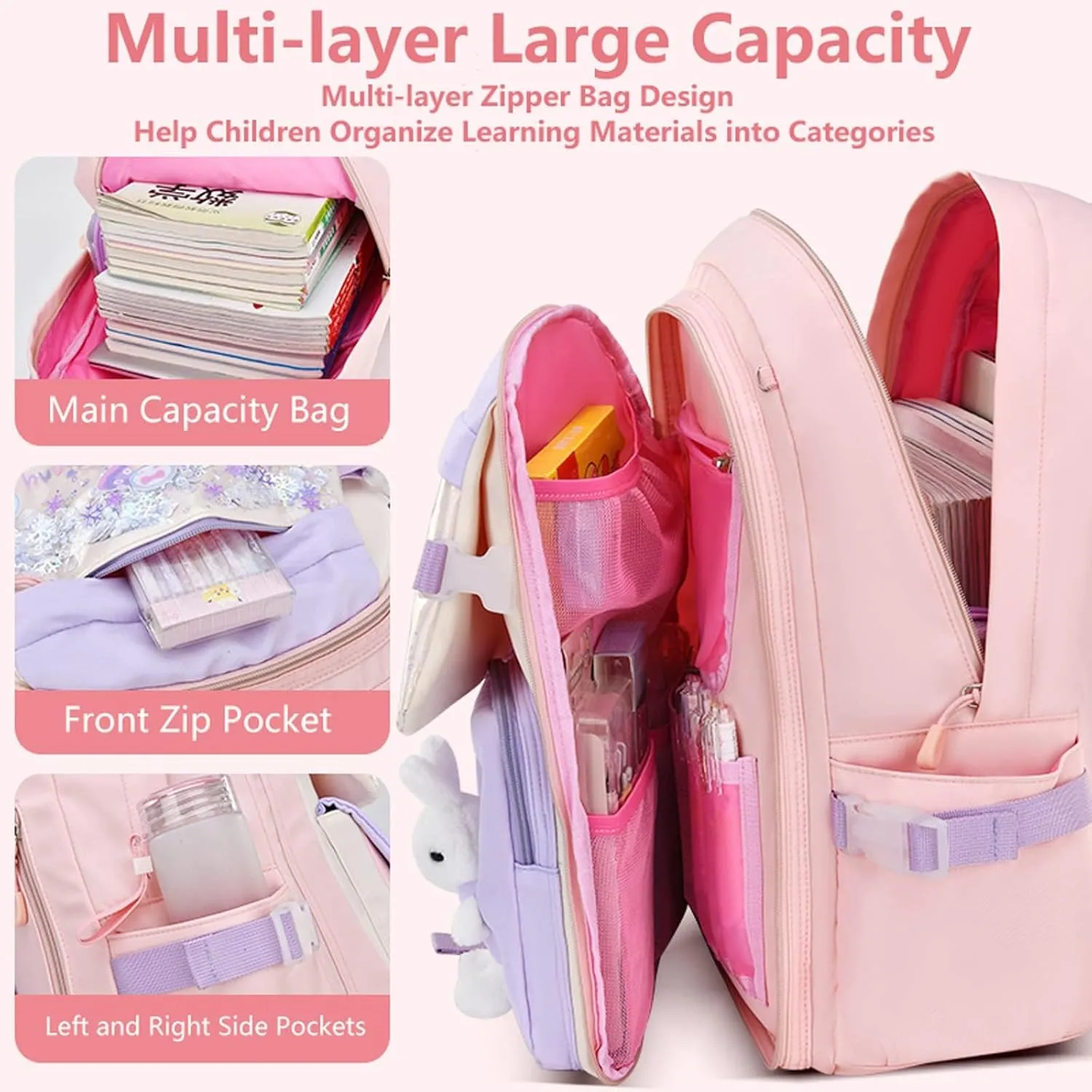 WYCY Backpack for Girls Backpack Cute Quicksand Refrigerator Door School Bag Large Capacity Kawaii Bunny School Backpack (Purple)