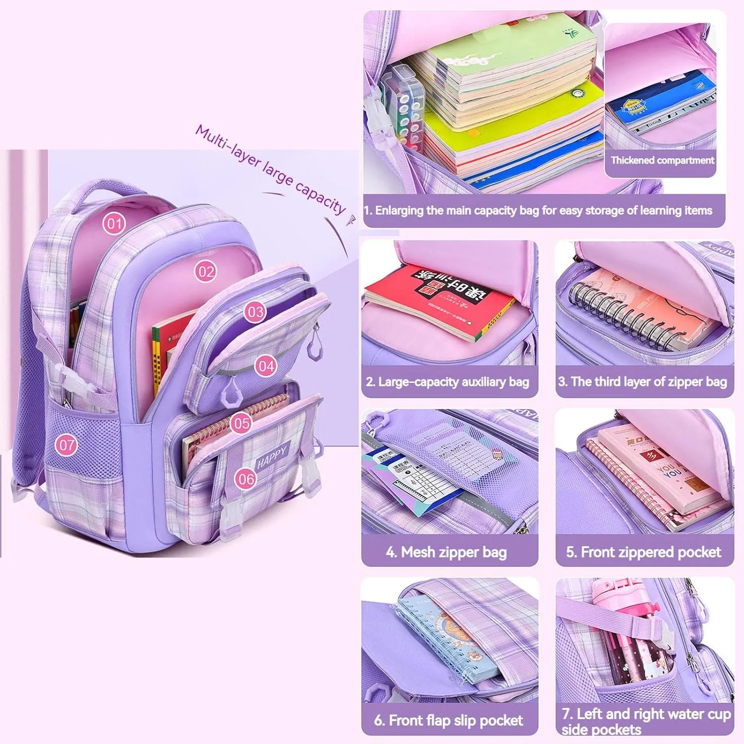WYCY Kids Backpack School Backpacks for Girls Large Bookbags for Teen Girls Cute Book Bag with Compartments (Lattice Purple)