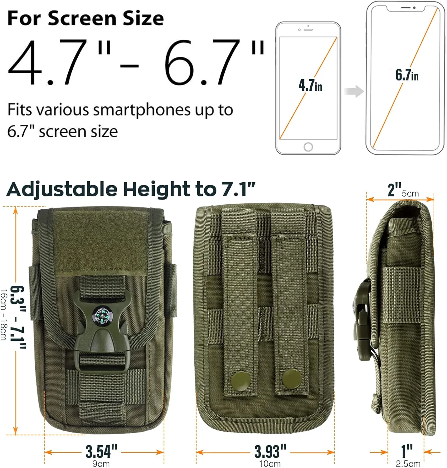 WYNEX Tactical Molle Phone Pouch with Compass Buckle, Tactical Phone Holster Molle Cell Phone Pouch Universal Belt Waist Bag for IP 15/14/13 Pro Max / S22/S21 with US Patch & Paracord Keyring Clip