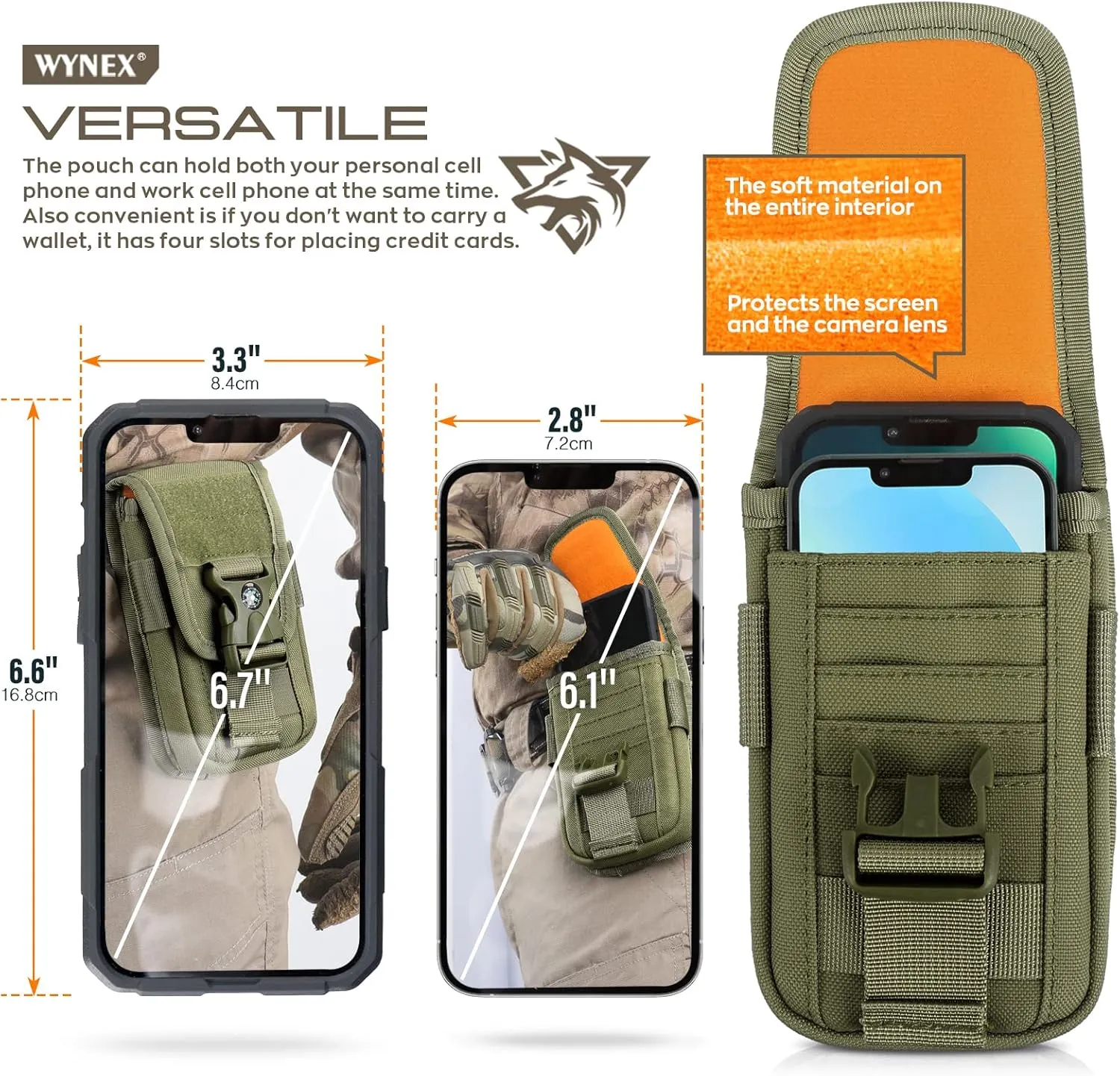 WYNEX Tactical Molle Phone Pouch with Compass Buckle, Tactical Phone Holster Molle Cell Phone Pouch Universal Belt Waist Bag for IP 15/14/13 Pro Max / S22/S21 with US Patch & Paracord Keyring Clip