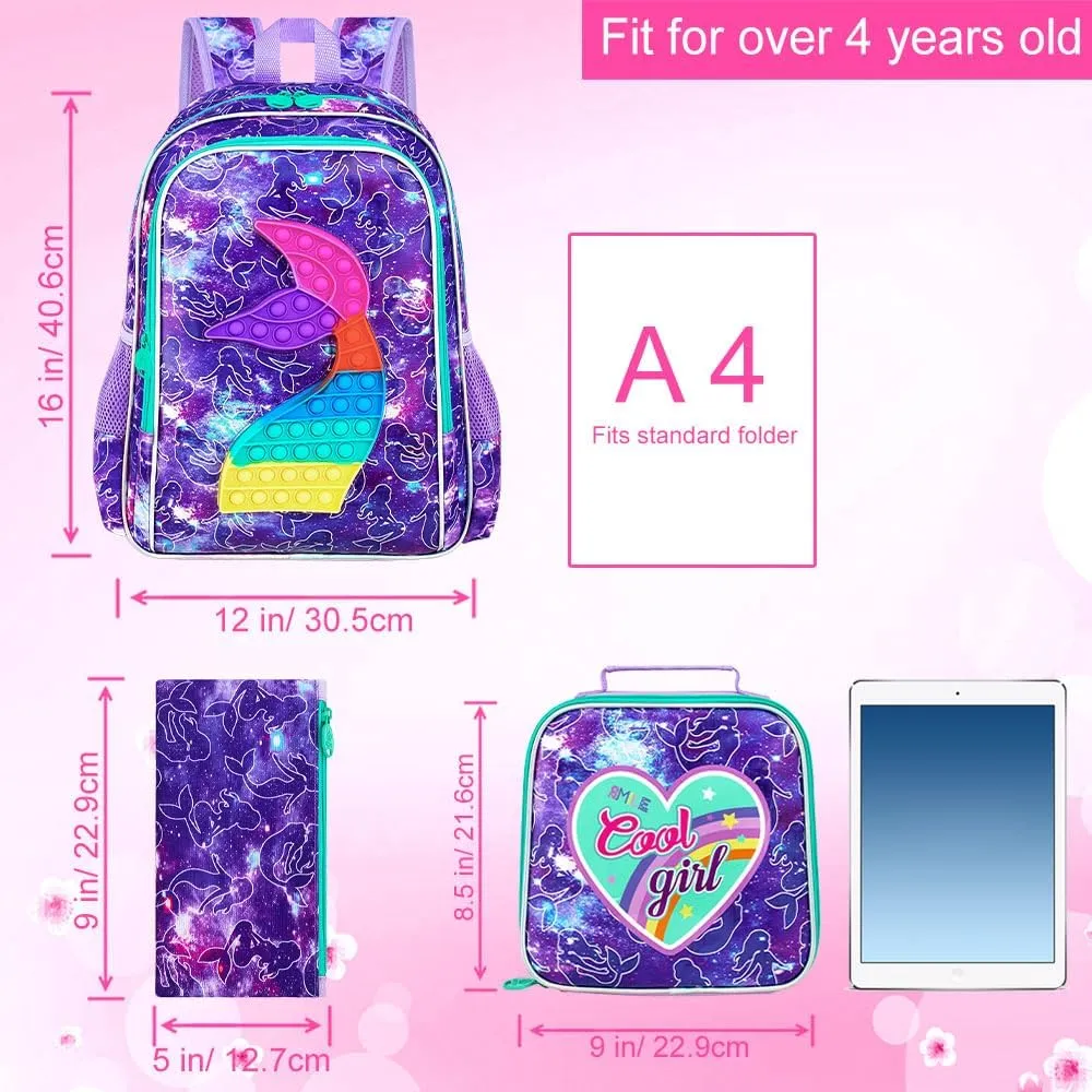 WZLVO Kids Backpack for Girls,Unicorn Mermaid Prechool Elementary Kindergarten School Bookbag and Lunch Box