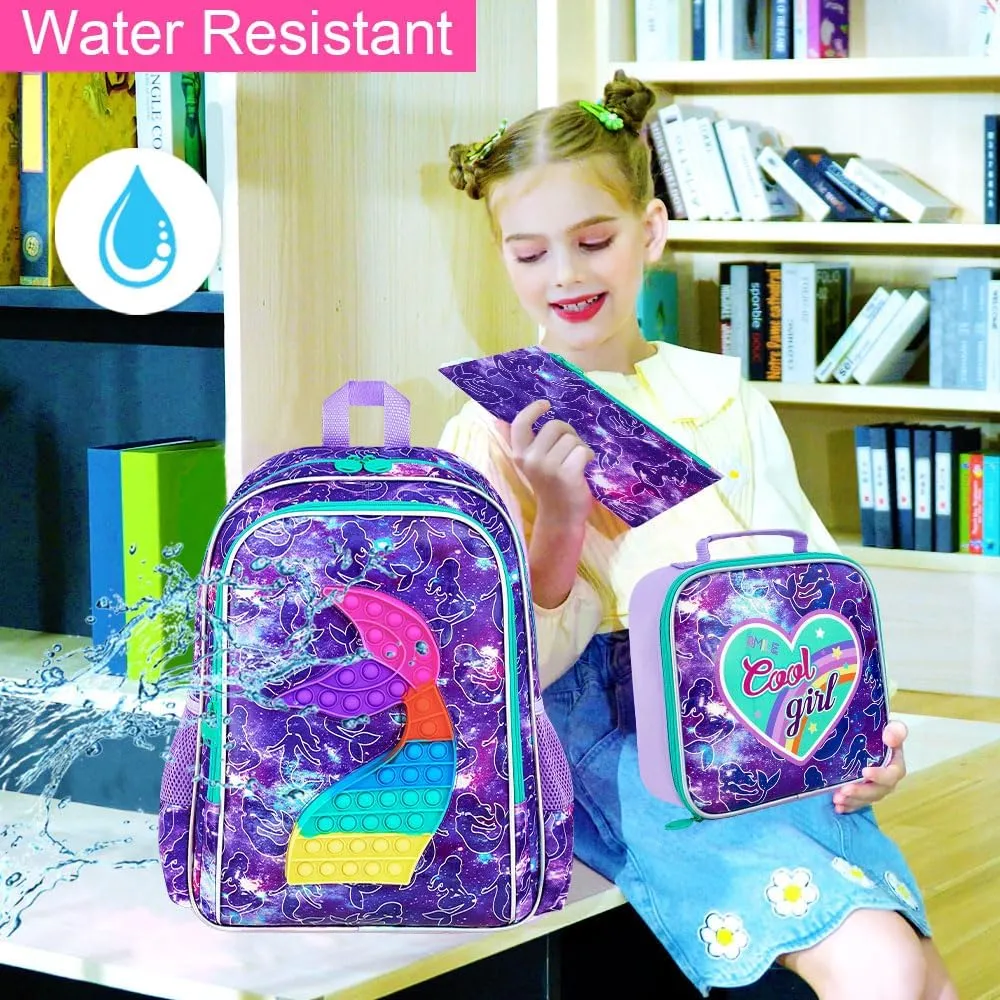WZLVO Kids Backpack for Girls,Unicorn Mermaid Prechool Elementary Kindergarten School Bookbag and Lunch Box