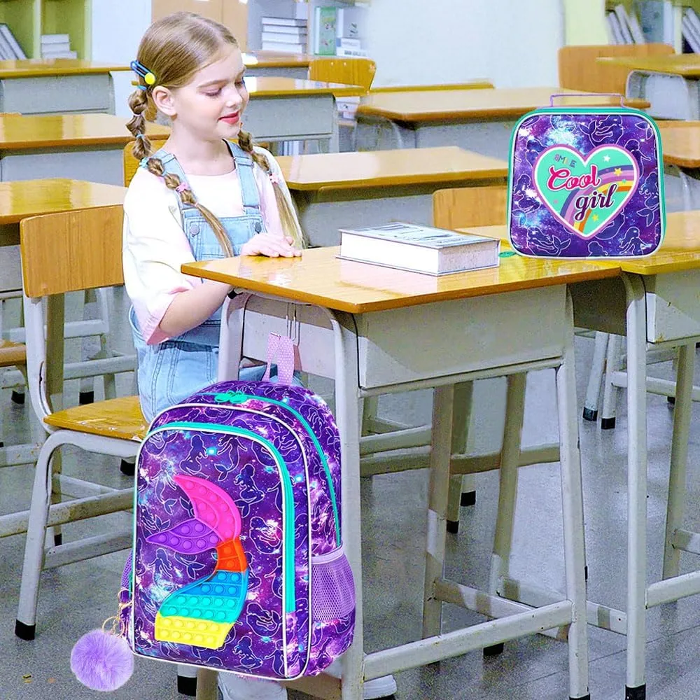 WZLVO Kids Backpack for Girls,Unicorn Mermaid Prechool Elementary Kindergarten School Bookbag and Lunch Box