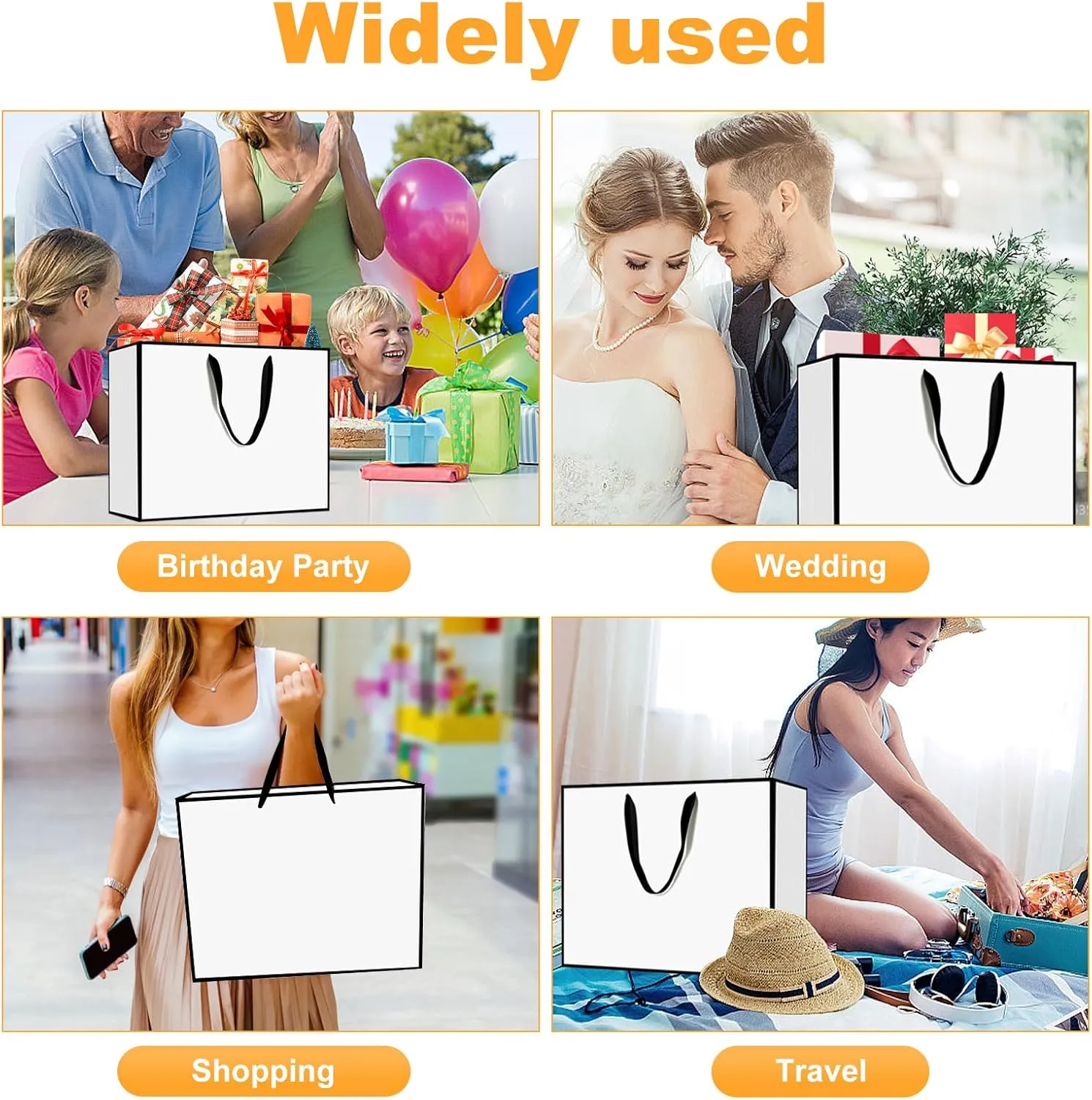 Xloey White and Black Gift Bags,6Pcs 17"x5.5"x12.6" Large Gift Bags with Handles,Kraft Paper Shopping Bags with Ribbon Handles,Gift Wrap Bags for Wedding,Birthday,Christmas,Anniversary