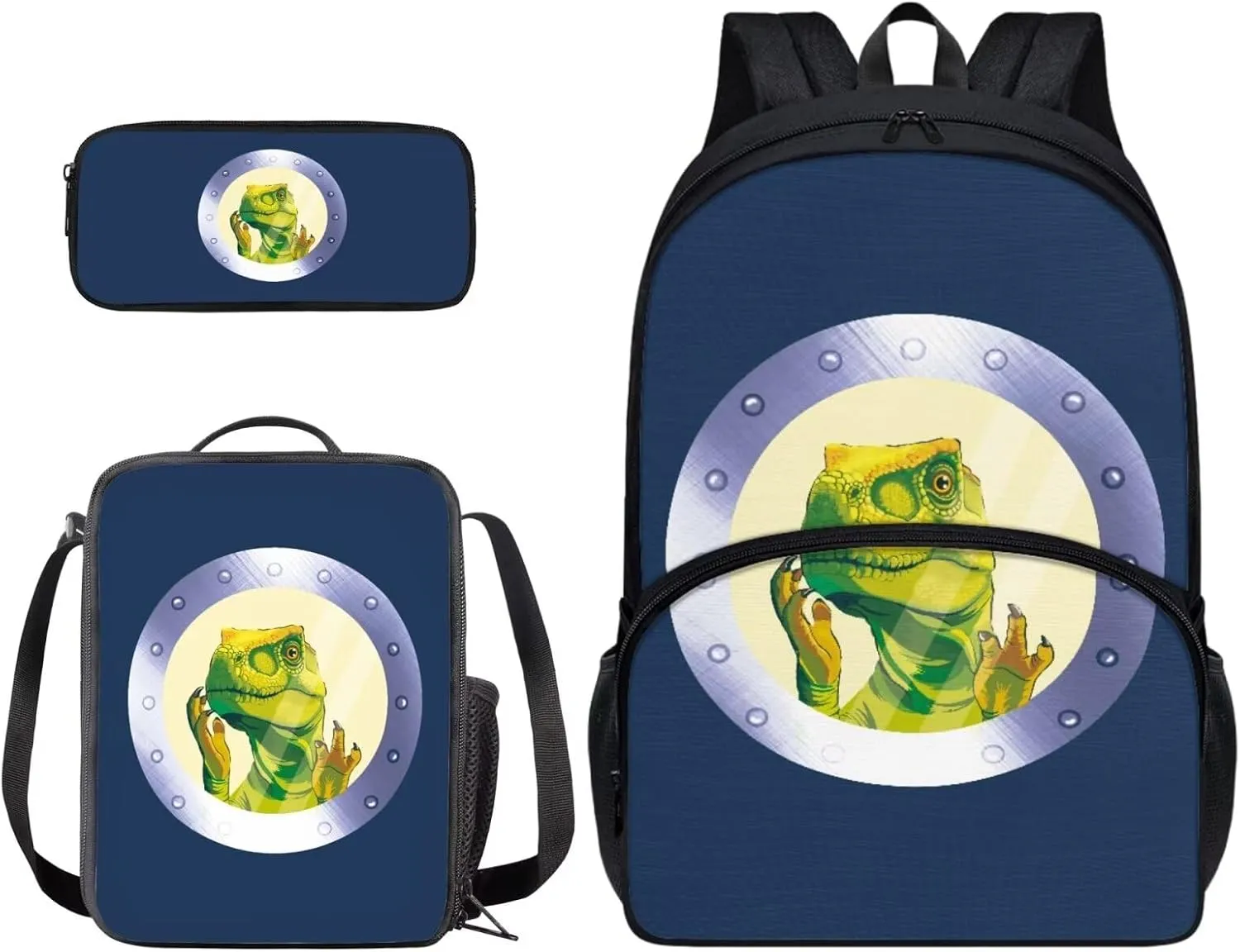 Xoenoiee Cute Dinosaur Pattern Kids Backpack Set for Boys Girls 17in School Backpack & Lunch Bag & Pencil Bag 3 in 1 Set for School Picnic Travel