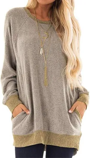 YAKER Women's Long Sleeve Round Neck Casual T Shirts Blouses Sweatshirts Tunic Tops with Pocket