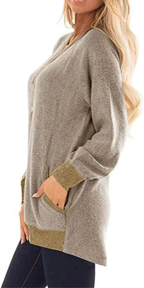 YAKER Women's Long Sleeve Round Neck Casual T Shirts Blouses Sweatshirts Tunic Tops with Pocket