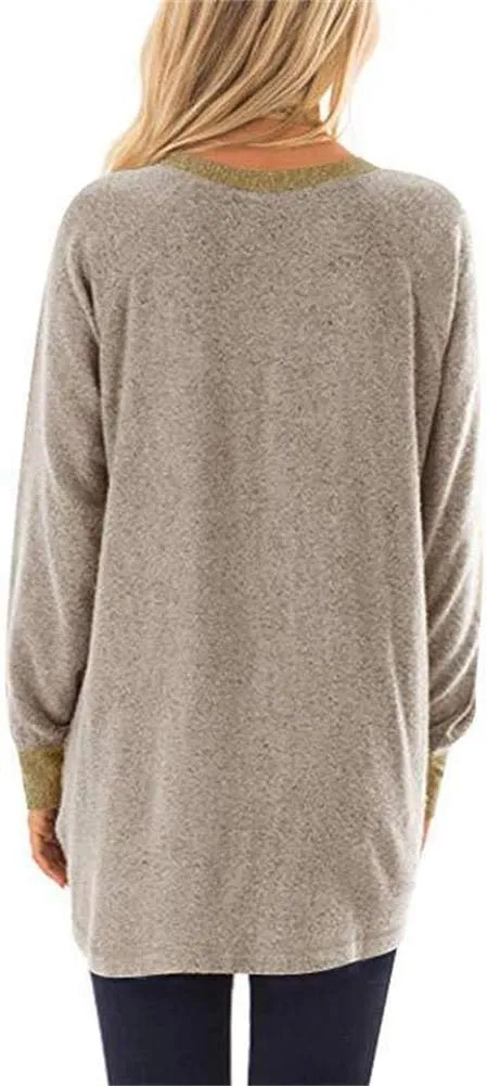 YAKER Women's Long Sleeve Round Neck Casual T Shirts Blouses Sweatshirts Tunic Tops with Pocket