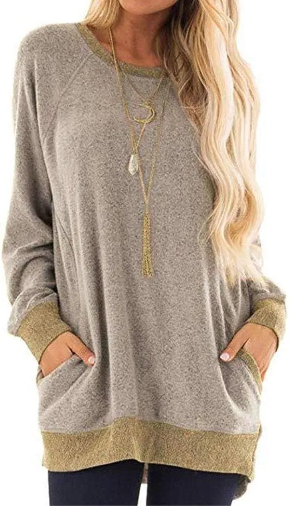 YAKER Women's Long Sleeve Round Neck Casual T Shirts Blouses Sweatshirts Tunic Tops with Pocket