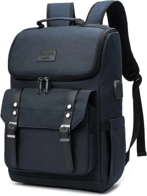 YALUNDISI Vintage Backpack Travel Laptop Backpack with usb Charging Port for Women & Men College Backpack Fits 15.6 Inch Laptop Blue