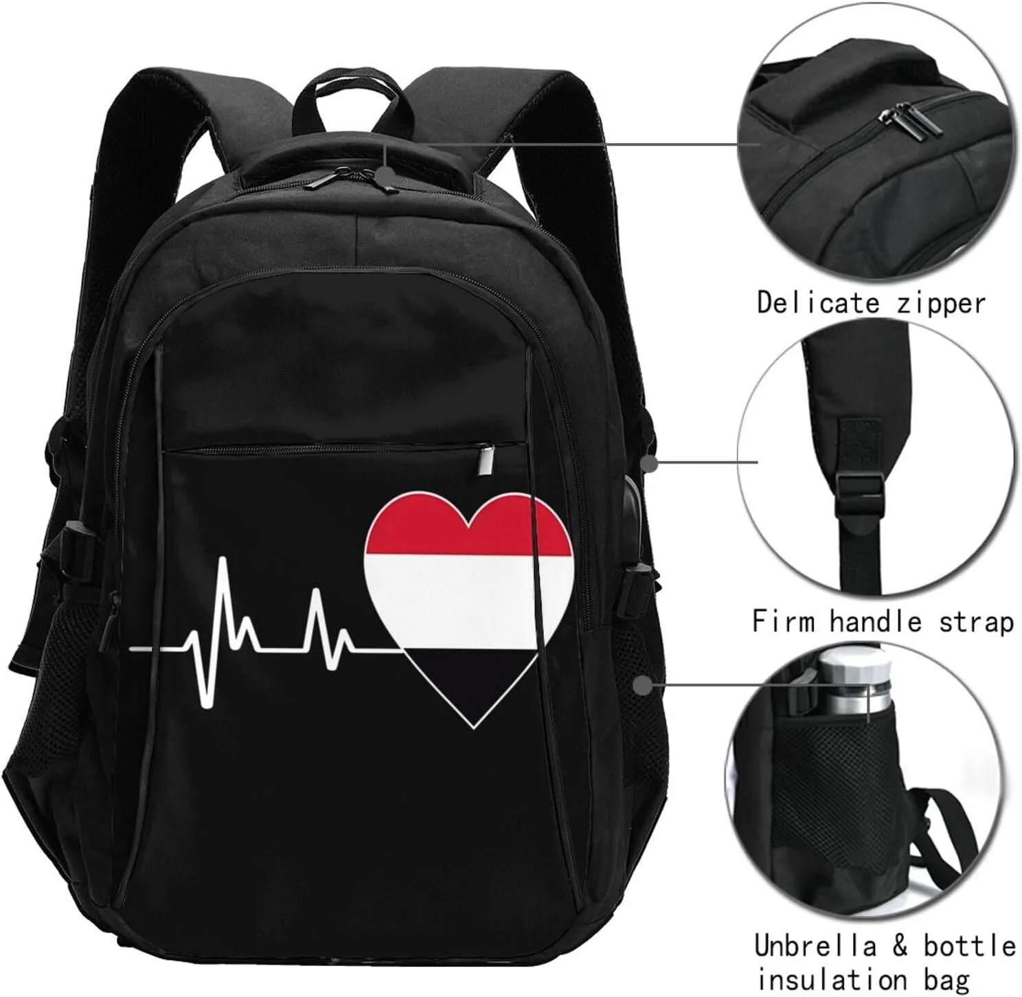 Yemen Yemeni Yemenian Flag Hearts Beats Business Laptop Backpack Travel Backpacks Outdoor Rucksack Large Bag Daypack with USB Charging Port Multi-Pocket for Hiking Camping