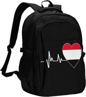 Yemen Yemeni Yemenian Flag Hearts Beats Business Laptop Backpack Travel Backpacks Outdoor Rucksack Large Bag Daypack with USB Charging Port Multi-Pocket for Hiking Camping