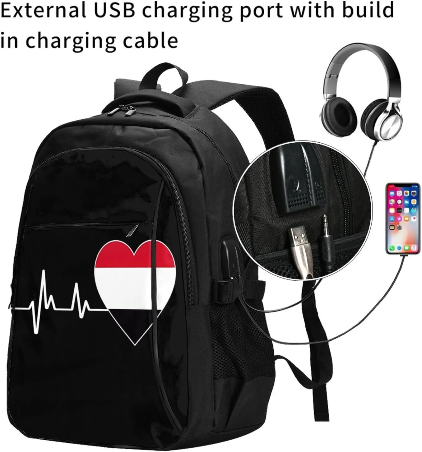 Yemen Yemeni Yemenian Flag Hearts Beats Business Laptop Backpack Travel Backpacks Outdoor Rucksack Large Bag Daypack with USB Charging Port Multi-Pocket for Hiking Camping