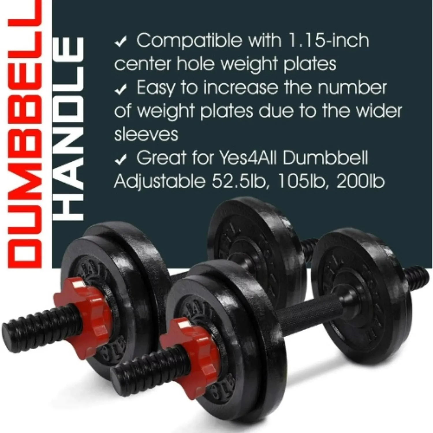 Yes4All Threaded Dumbbell Handles with Collars, Fit 1.15 inch Plates, Dumbbell Bar Connector, Quality Steel Weight Bar
