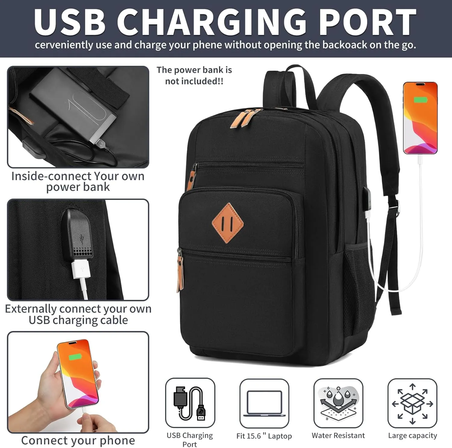 YGR Classic Carry-on Travel Backpack for Men and Women, Anti Theft Laptop Backpack with USB Charging Port for Work, Large Computer Backpack for College, Water Resistant, Outdoor Sports, Work, Black