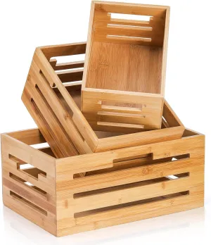 Youeon Set of 3 Bamboo Nesting Crates with Handles, 14.6/12/9.5 Inch Bamboo Crates for Storage and Rustic Decor, Decorative Storage Crate Box for Kitchen, Pantry, Office