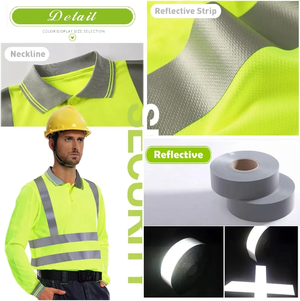 YOWESHOP Hi-Vis Safety T-Shirt Add Your Design Long Sleeve Protective Polo Shirts with Reflective Strips (M, Neon Yellow)