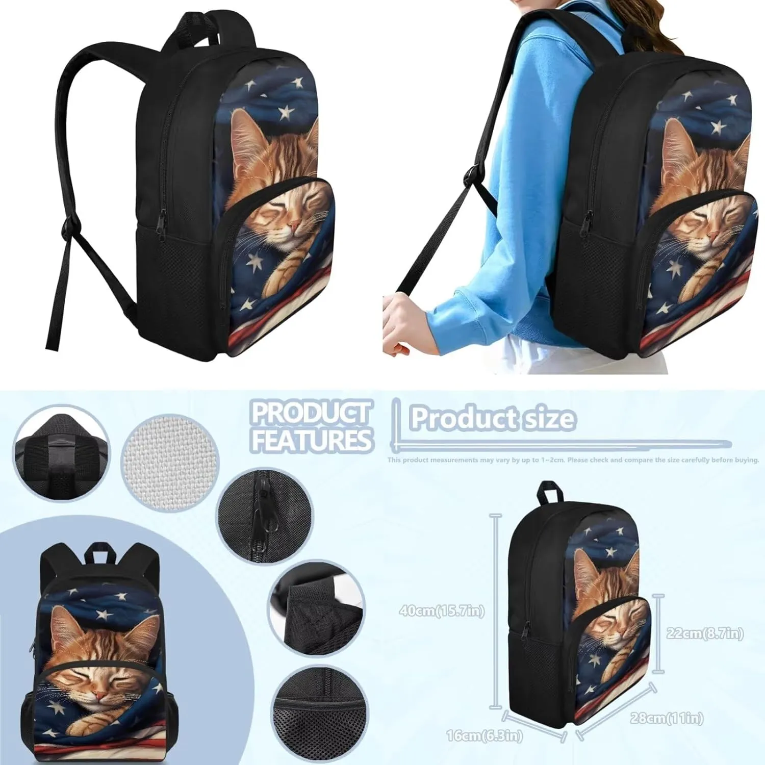 Ystardream Cat School Supplies for Teen Girls Backpack with Lunch Box and Pencil Box Cute 3 in 1 Primary School Backpack for Girls for Schools Nurseries Kindergartens School Gifts American Flag