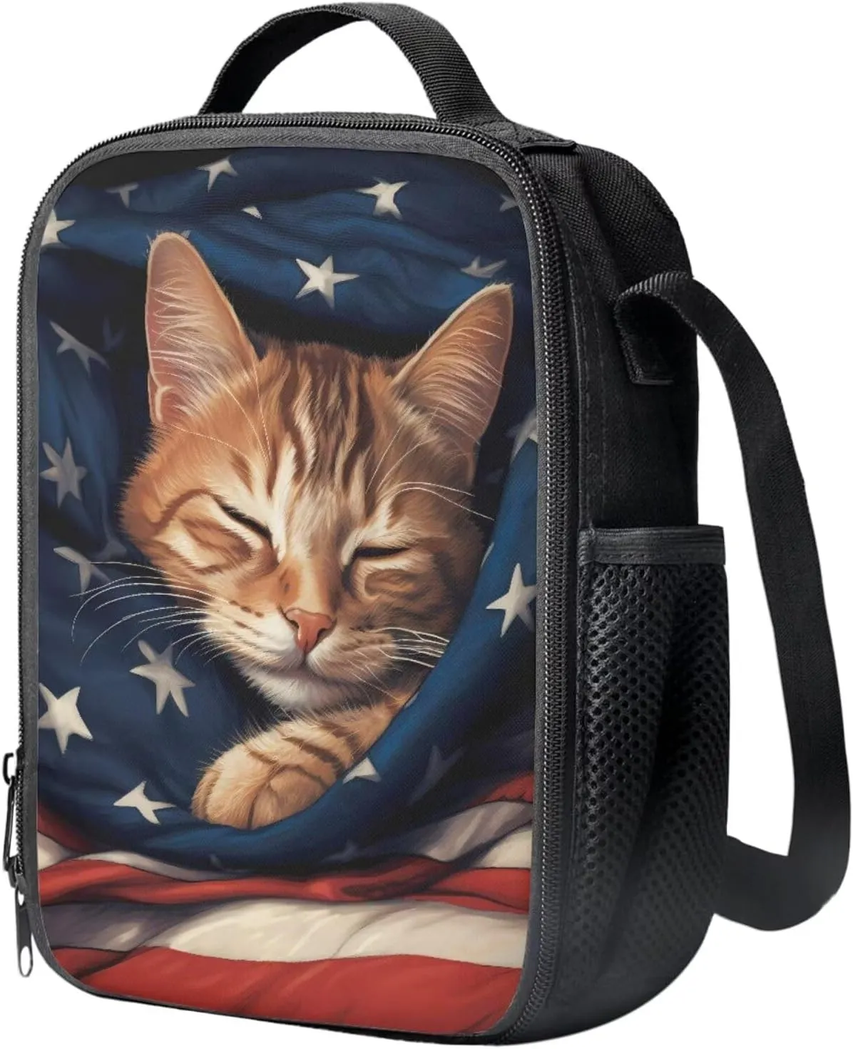 Ystardream Cat School Supplies for Teen Girls Backpack with Lunch Box and Pencil Box Cute 3 in 1 Primary School Backpack for Girls for Schools Nurseries Kindergartens School Gifts American Flag