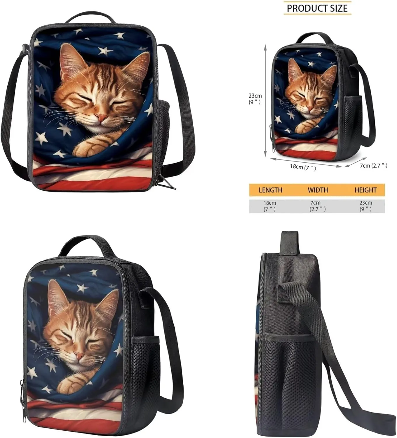 Ystardream Cat School Supplies for Teen Girls Backpack with Lunch Box and Pencil Box Cute 3 in 1 Primary School Backpack for Girls for Schools Nurseries Kindergartens School Gifts American Flag