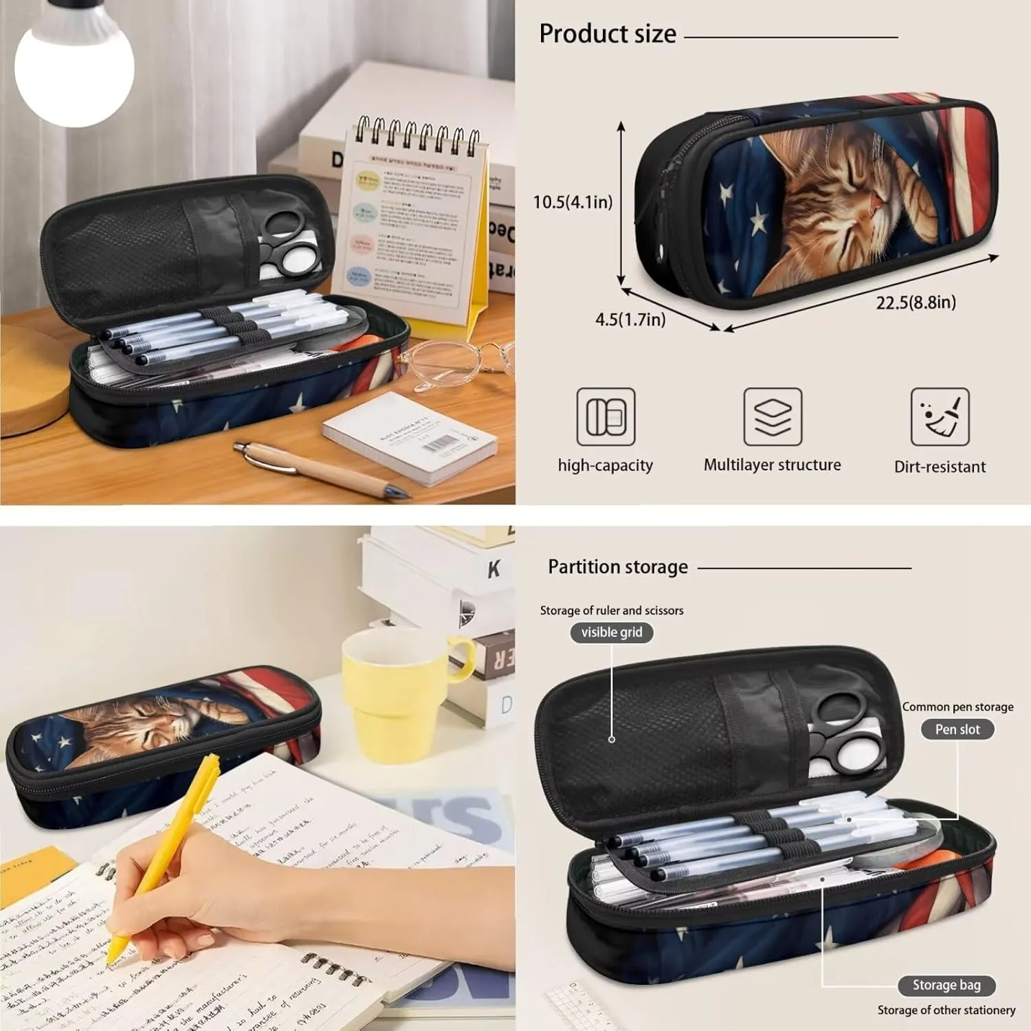 Ystardream Cat School Supplies for Teen Girls Backpack with Lunch Box and Pencil Box Cute 3 in 1 Primary School Backpack for Girls for Schools Nurseries Kindergartens School Gifts American Flag