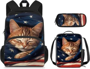 Ystardream Cat School Supplies for Teen Girls Backpack with Lunch Box and Pencil Box Cute 3 in 1 Primary School Backpack for Girls for Schools Nurseries Kindergartens School Gifts American Flag