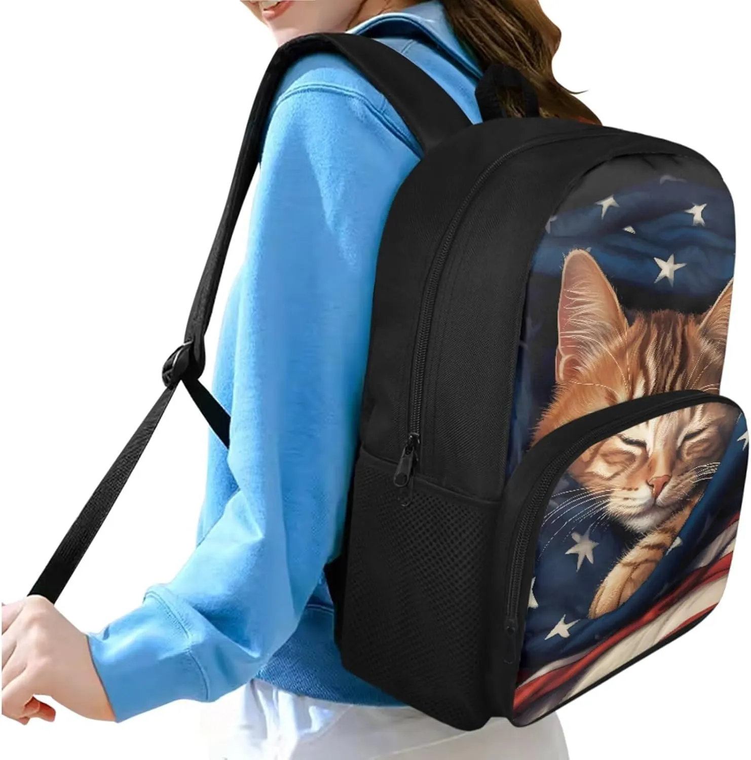Ystardream Cat School Supplies for Teen Girls Backpack with Lunch Box and Pencil Box Cute 3 in 1 Primary School Backpack for Girls for Schools Nurseries Kindergartens School Gifts American Flag