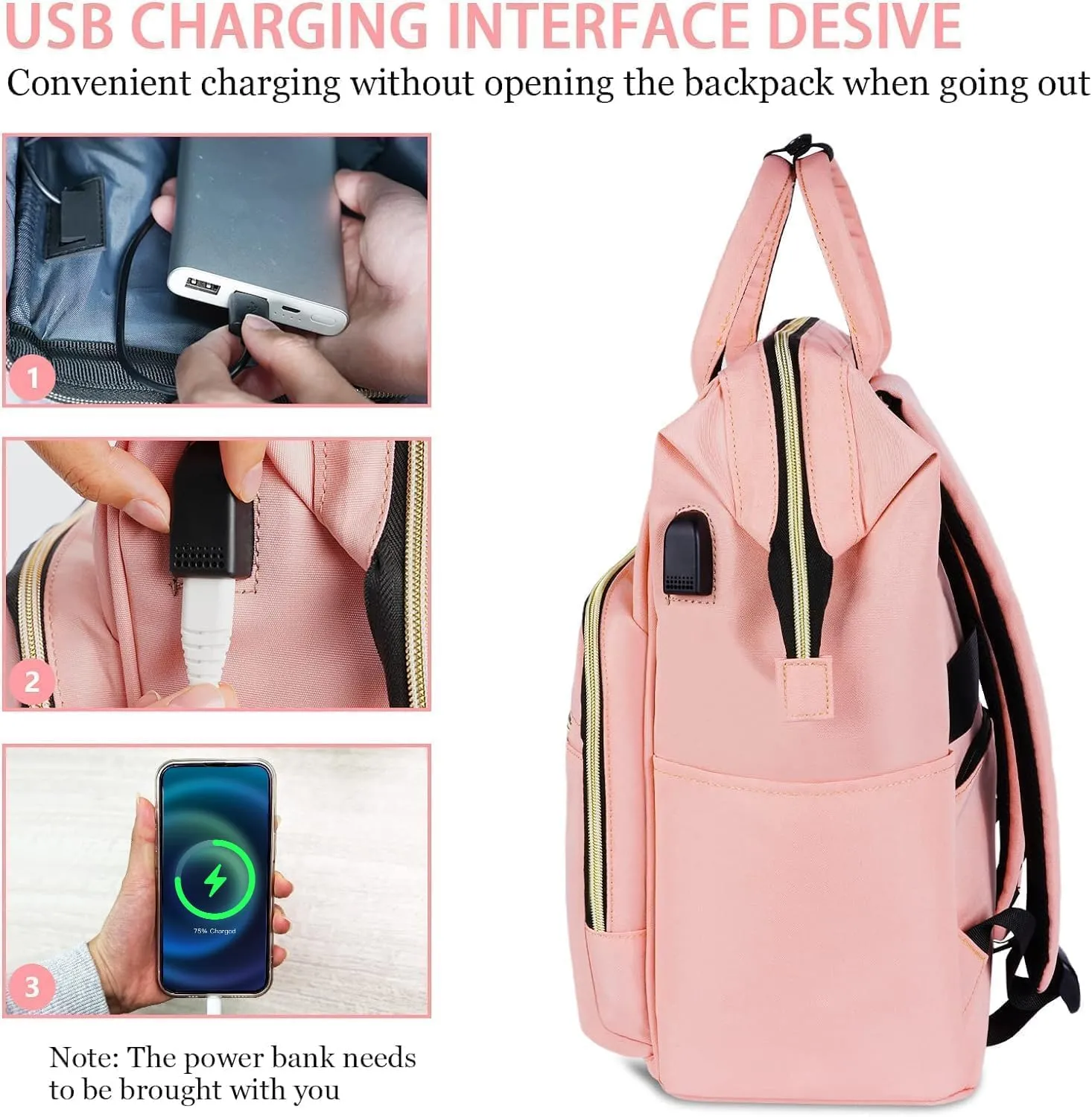 Ytonet Pink Laptop Backpack for Women, 15.6 Inch Anti theft Backpack with USB Charging Port, Water Resistant Travel Carry On Bag with Laptop Compartment for Work/Nurse/Teacher, Pink