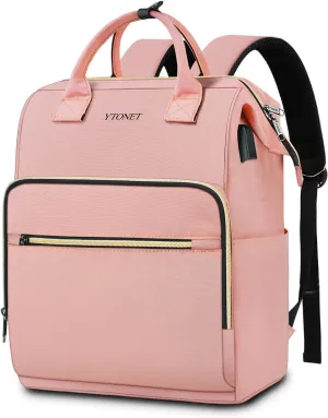 Ytonet Pink Laptop Backpack for Women, 15.6 Inch Anti theft Backpack with USB Charging Port, Water Resistant Travel Carry On Bag with Laptop Compartment for Work/Nurse/Teacher, Pink
