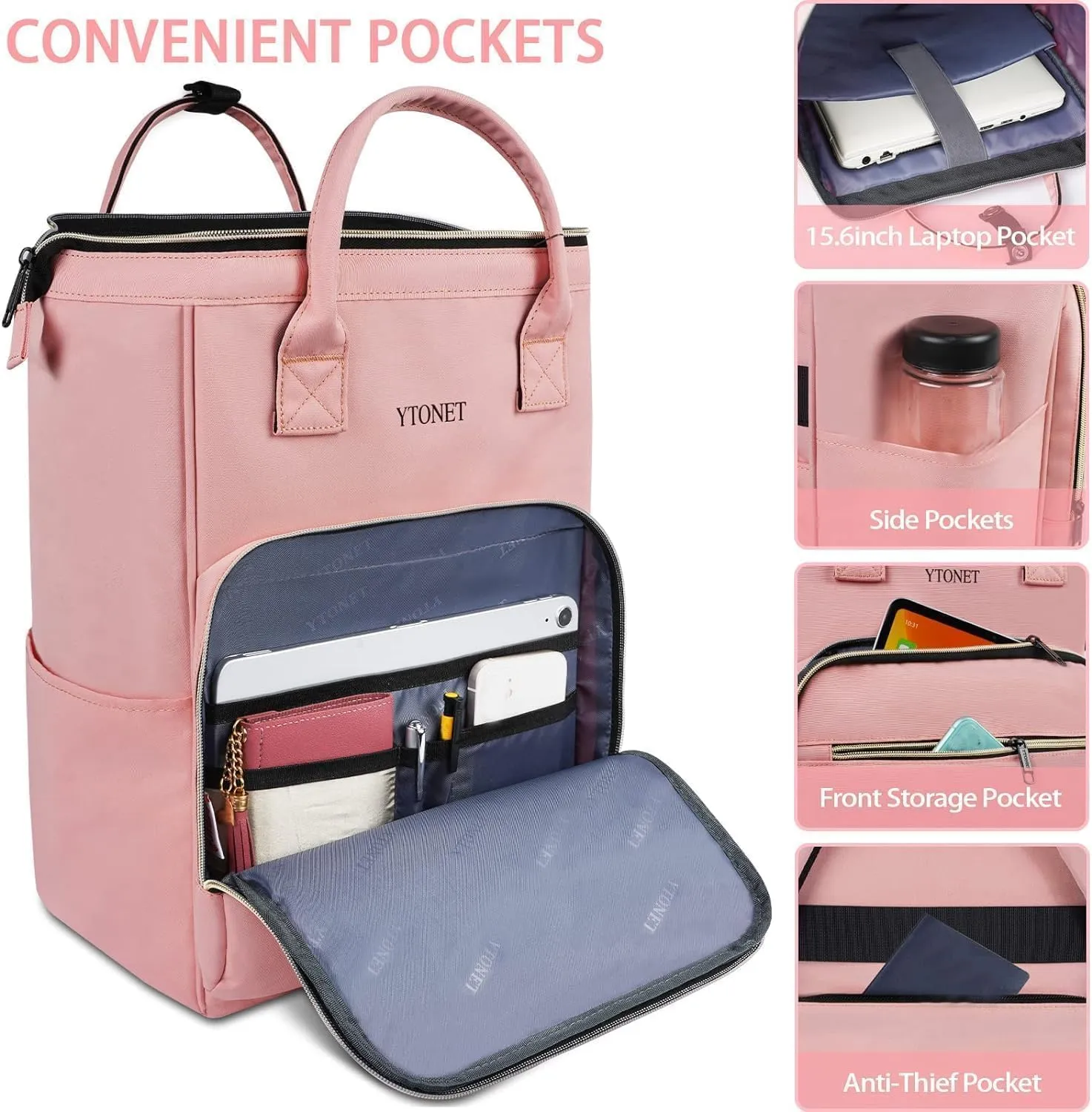 Ytonet Pink Laptop Backpack for Women, 15.6 Inch Anti theft Backpack with USB Charging Port, Water Resistant Travel Carry On Bag with Laptop Compartment for Work/Nurse/Teacher, Pink