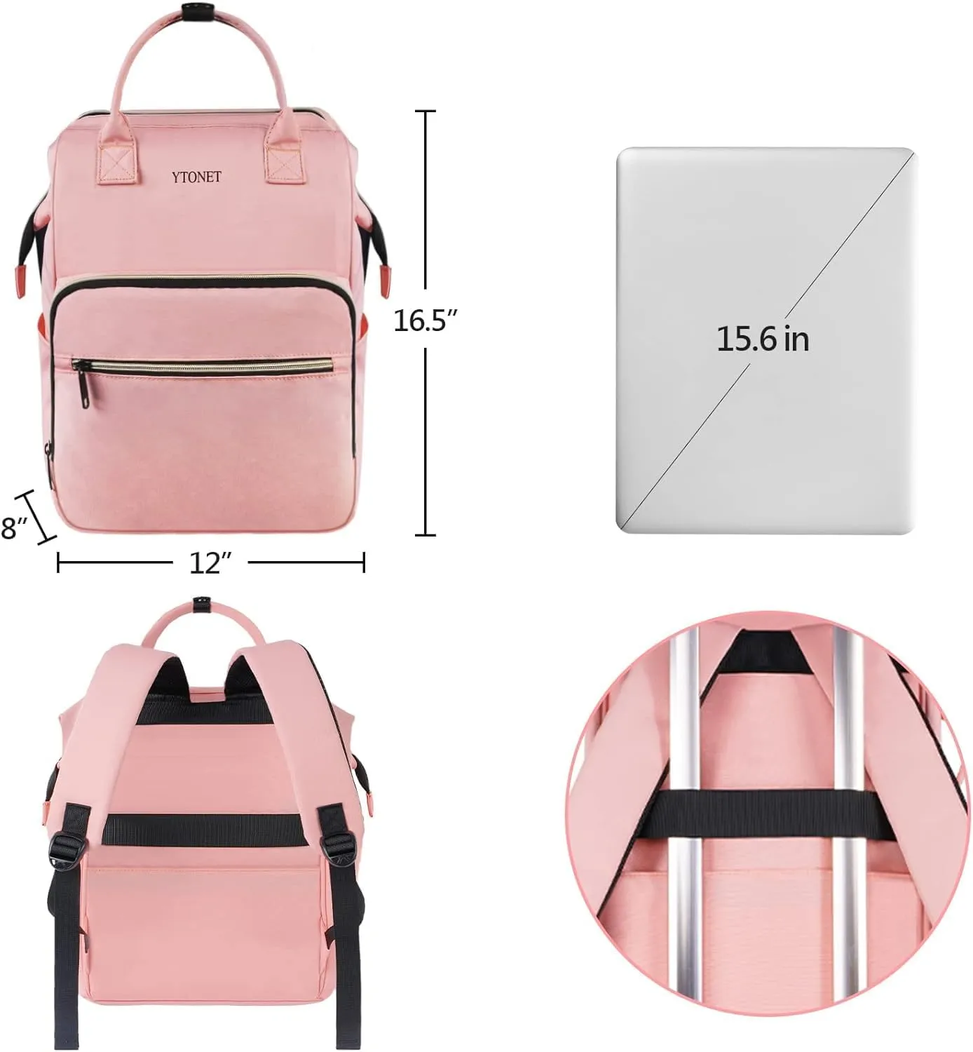 Ytonet Pink Laptop Backpack for Women, 15.6 Inch Anti theft Backpack with USB Charging Port, Water Resistant Travel Carry On Bag with Laptop Compartment for Work/Nurse/Teacher, Pink