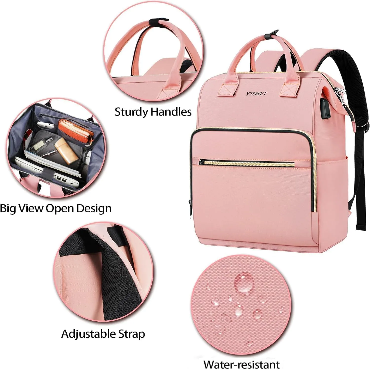 Ytonet Pink Laptop Backpack for Women, 15.6 Inch Anti theft Backpack with USB Charging Port, Water Resistant Travel Carry On Bag with Laptop Compartment for Work/Nurse/Teacher, Pink