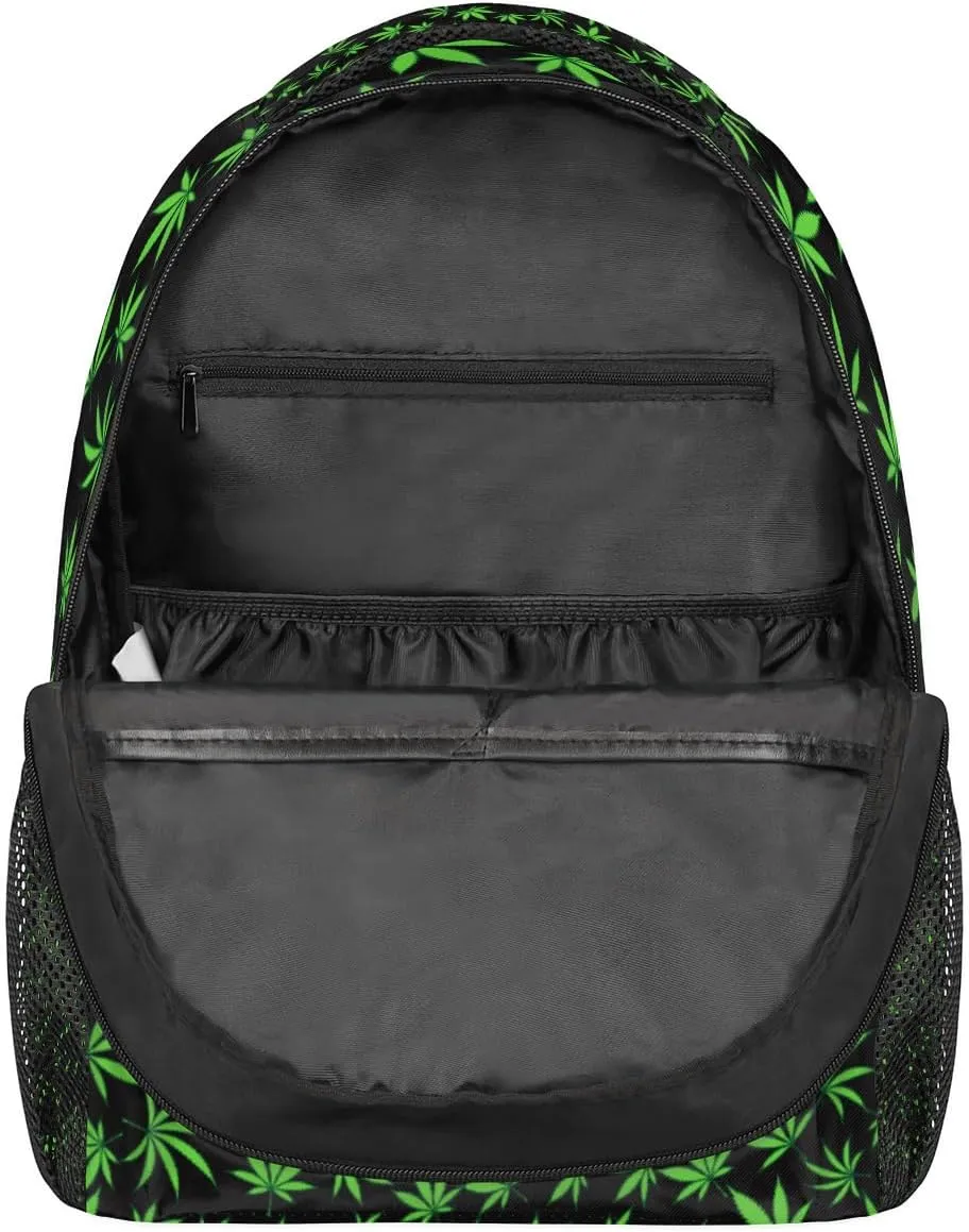 Yzrwebo Cannabis Leaves Backpack for Boys Girls, Green Leave School Bookbag Casual Daypack Computer Laptop Backpack, Adults Sports Hiking Travel Camping Backpack