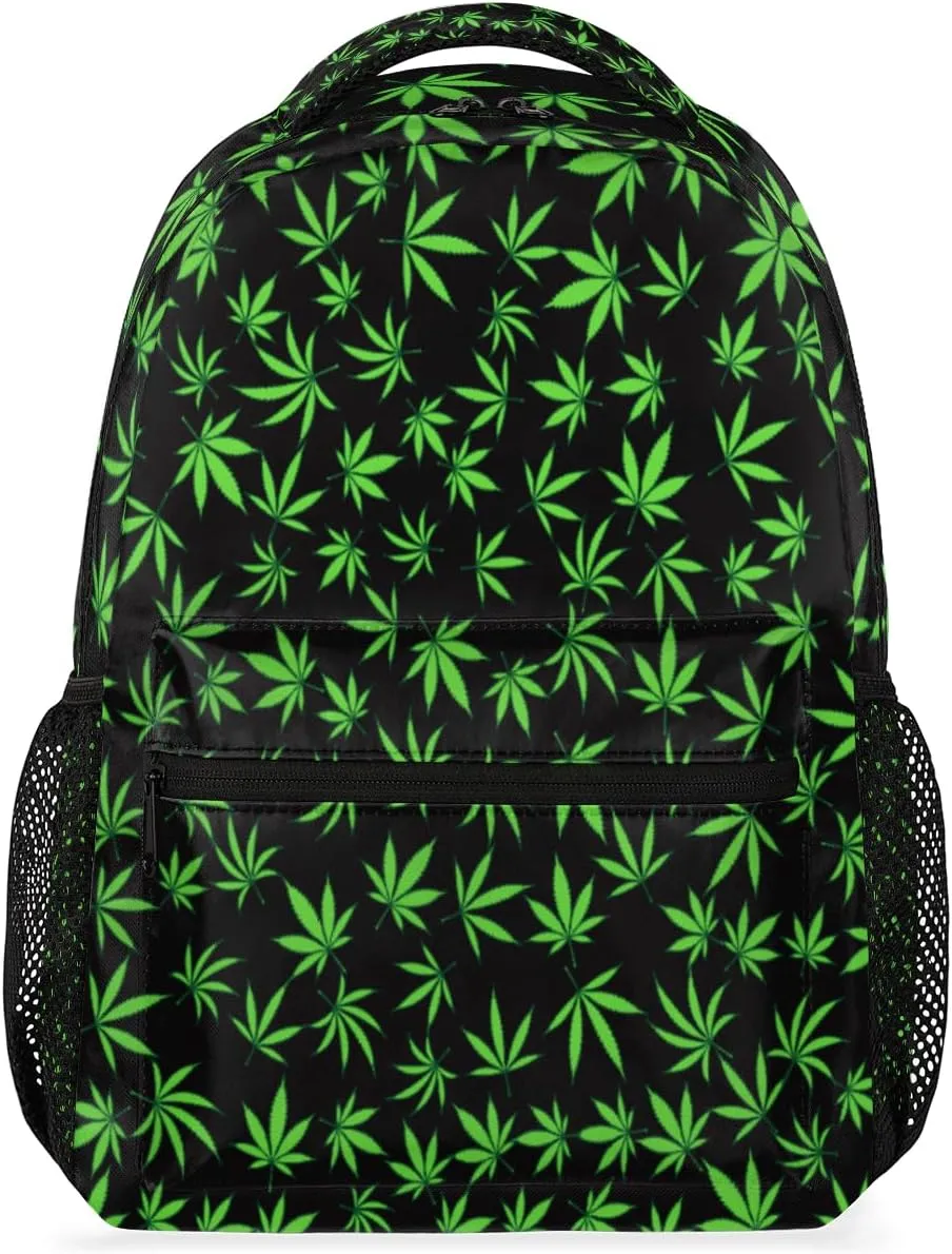 Yzrwebo Cannabis Leaves Backpack for Boys Girls, Green Leave School Bookbag Casual Daypack Computer Laptop Backpack, Adults Sports Hiking Travel Camping Backpack