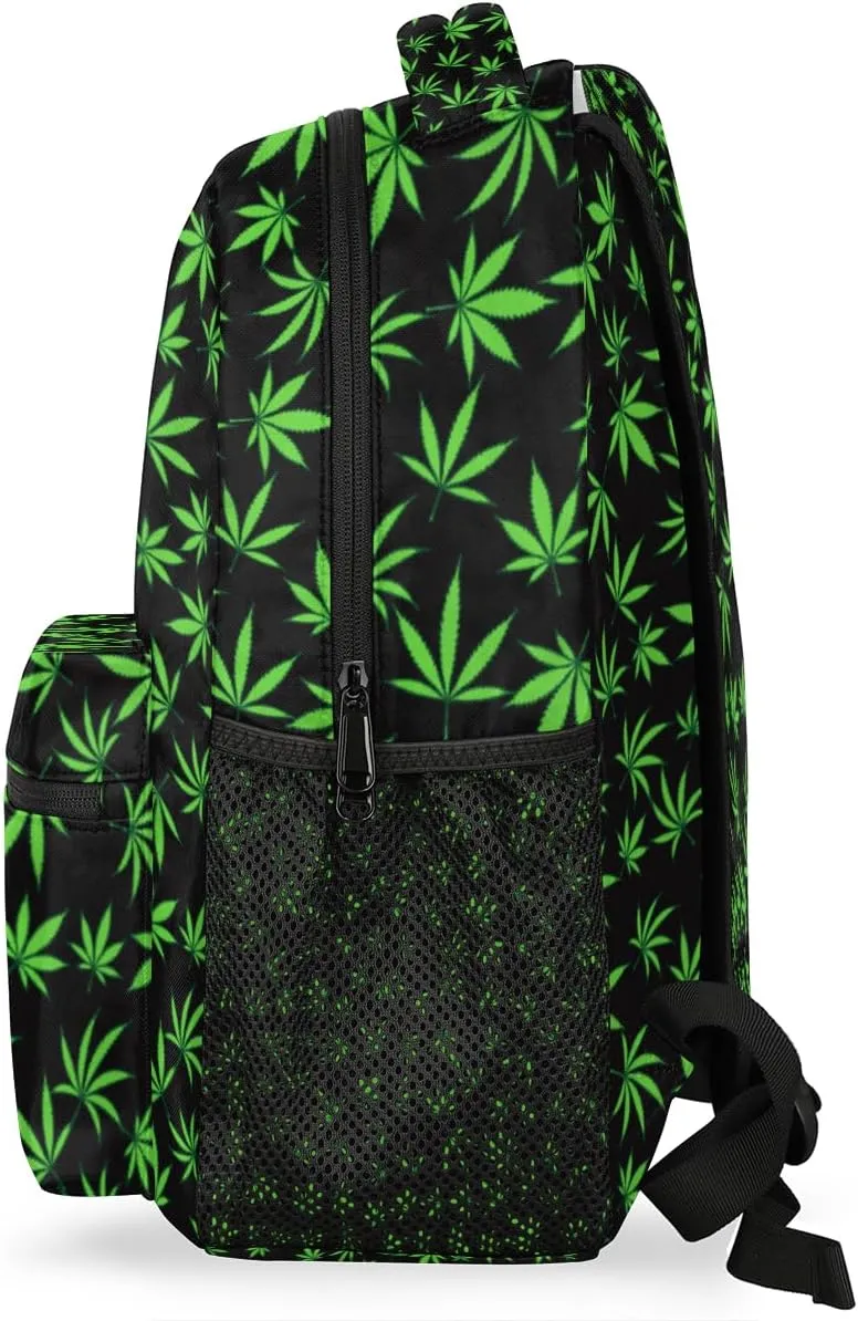 Yzrwebo Cannabis Leaves Backpack for Boys Girls, Green Leave School Bookbag Casual Daypack Computer Laptop Backpack, Adults Sports Hiking Travel Camping Backpack