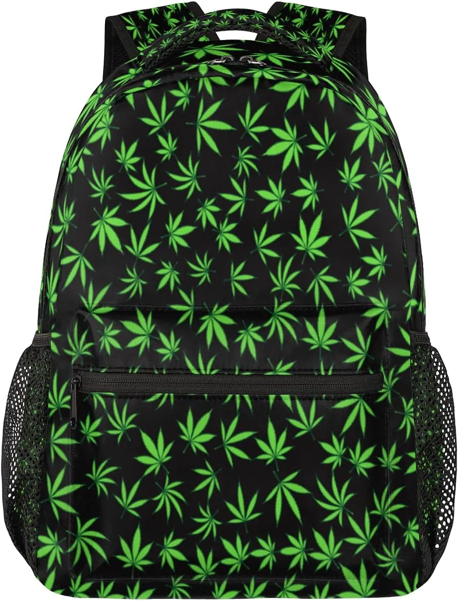 Yzrwebo Cannabis Leaves Backpack for Boys Girls, Green Leave School Bookbag Casual Daypack Computer Laptop Backpack, Adults Sports Hiking Travel Camping Backpack