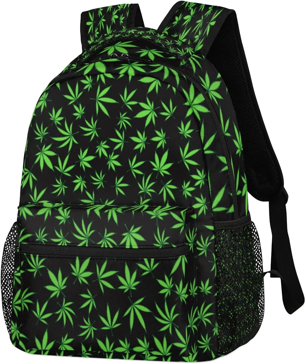 Yzrwebo Cannabis Leaves Backpack for Boys Girls, Green Leave School Bookbag Casual Daypack Computer Laptop Backpack, Adults Sports Hiking Travel Camping Backpack