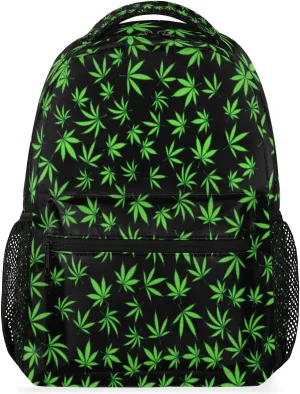 Yzrwebo Cannabis Leaves Backpack for Boys Girls, Green Leave School Bookbag Casual Daypack Computer Laptop Backpack, Adults Sports Hiking Travel Camping Backpack