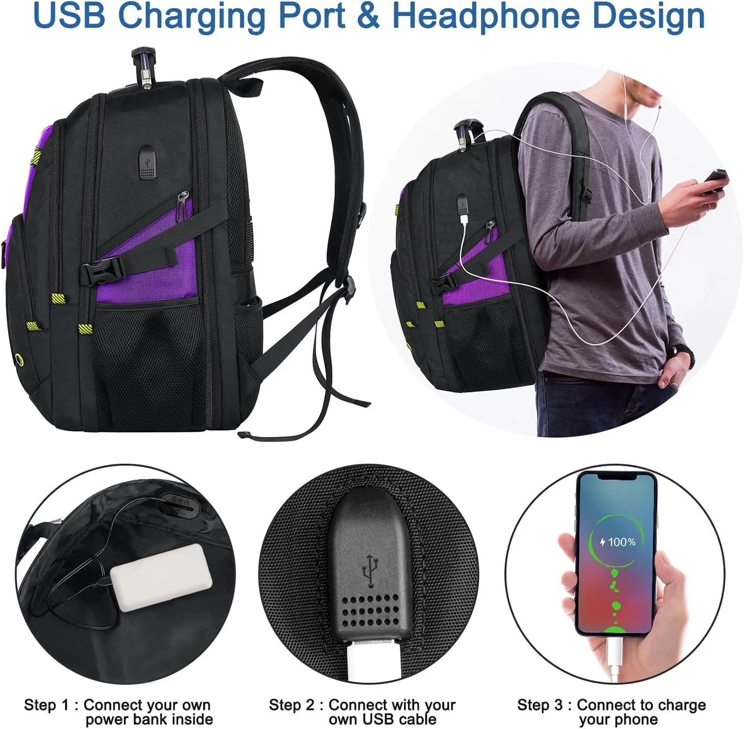 Z-MGKISS 52L Travel Backpack for Women, Large Waterproof Anti-Theft Backpack 17.3 Inch with USB Port, TSA-Approved Daypack, Gifts for Women Teacher Business College, Purple