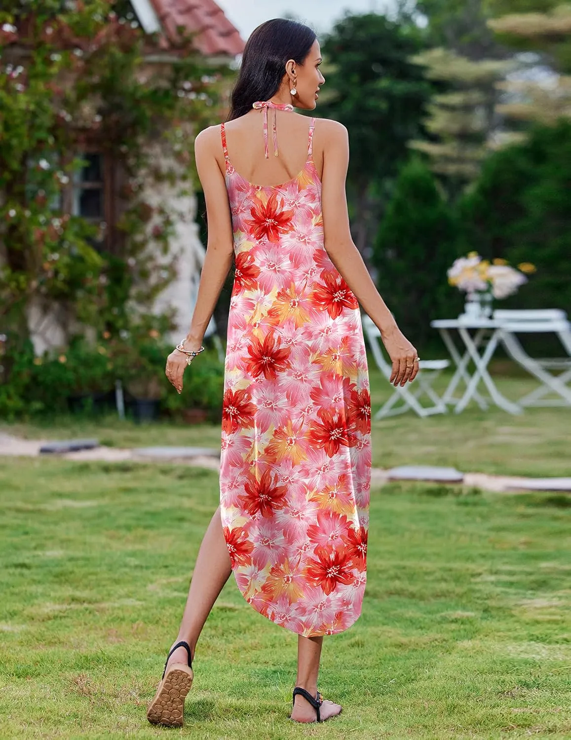 Zeagoo Women's Casual Sundress Summer Maxi Sleeveless V Neck Split Boho Beach Dress Travel Vacation Dress with Pockets