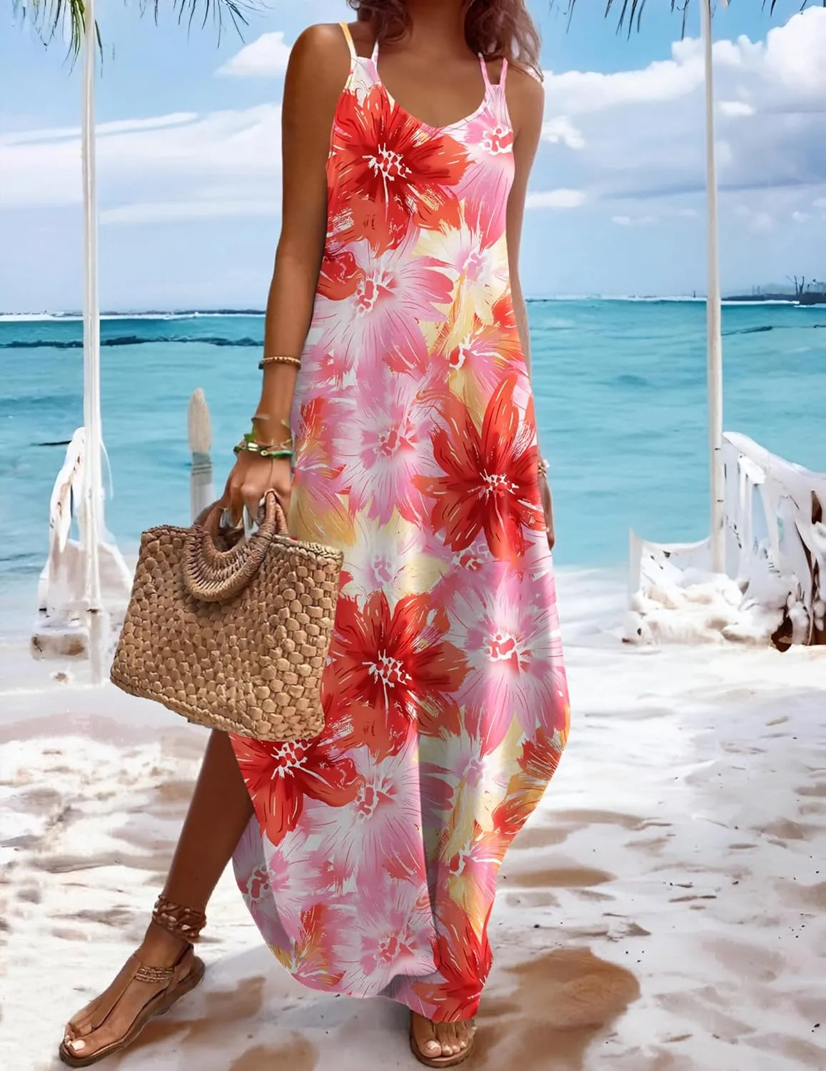 Zeagoo Women's Casual Sundress Summer Maxi Sleeveless V Neck Split Boho Beach Dress Travel Vacation Dress with Pockets