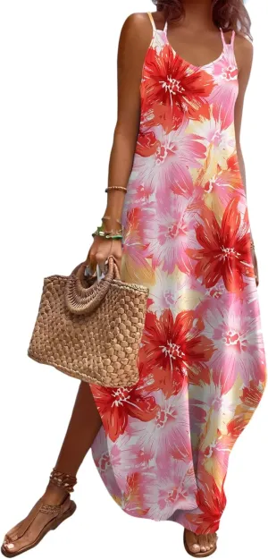 Zeagoo Women's Casual Sundress Summer Maxi Sleeveless V Neck Split Boho Beach Dress Travel Vacation Dress with Pockets