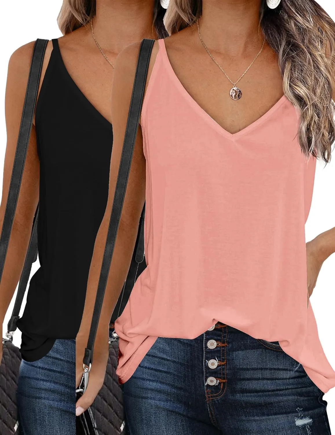 Zeagoo Womens V Neck Camisole Tank Top Strap Sleeveless T Shirt Casual Loose Vest Blouse - S-XXL