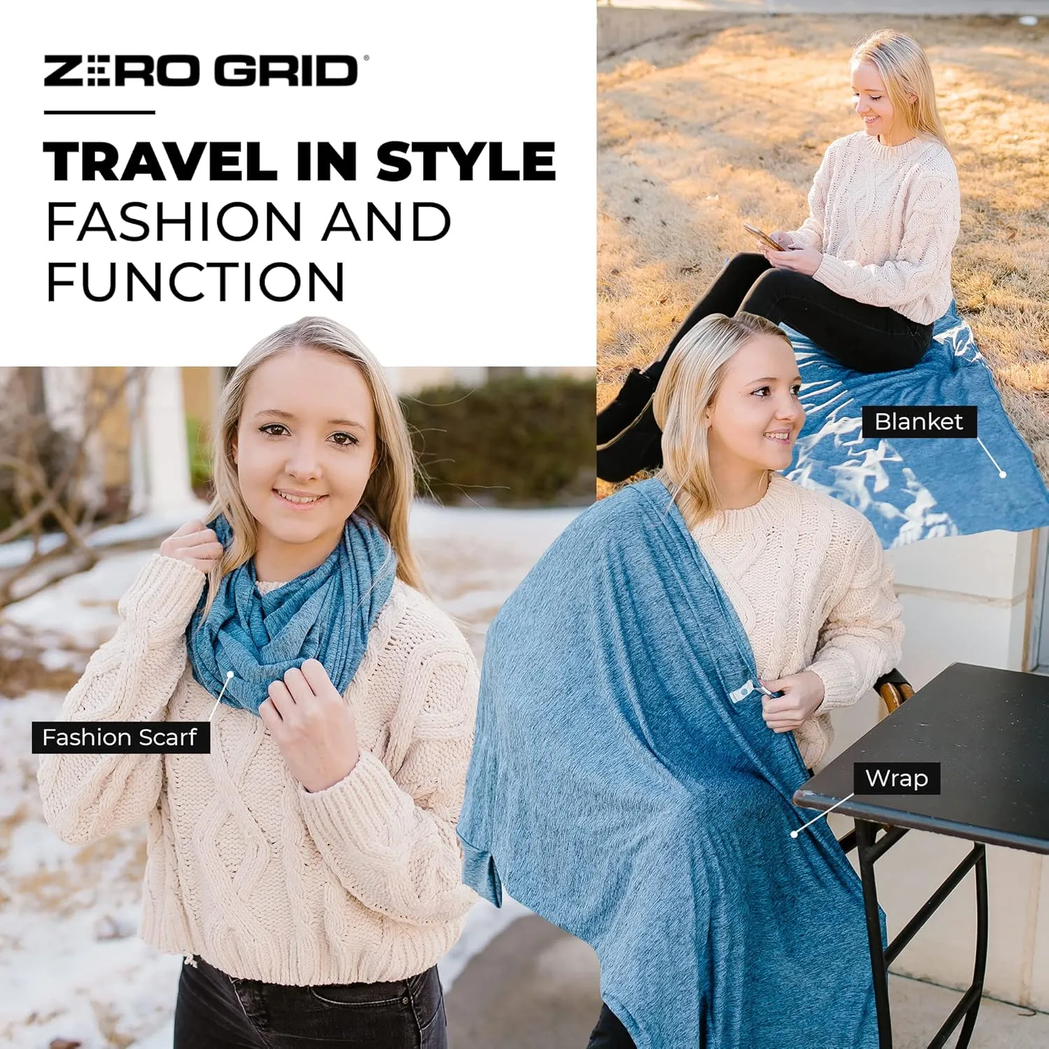 Zero Grid Infinity Travel Scarf Loop with Hidden Zipper Pockets for Passport, Phone, Cash, Cards